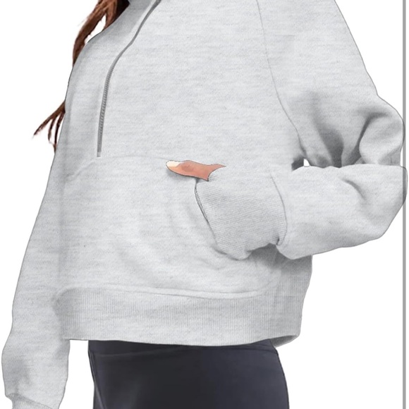 Grey Pullover Front Pocket Half Zipped Up Hooded  Sweatshirt - Picture 4 of 9